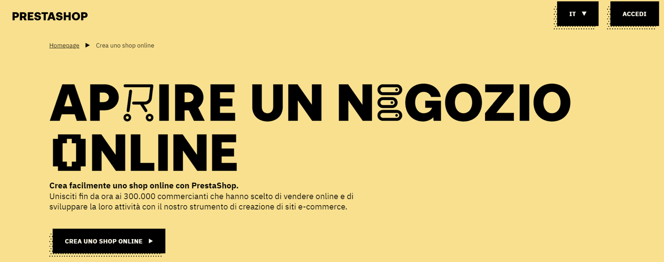 Homepage di PrestaShop che spiega come avviare subito il tuo negozio online