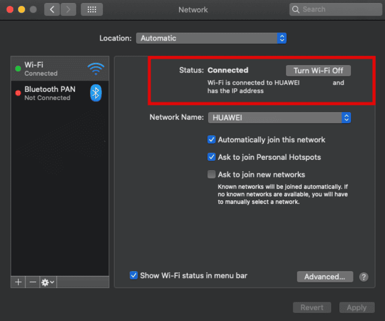 Screenshot dalla sezione Rete che mostra dove trovare l'indirizzo IP