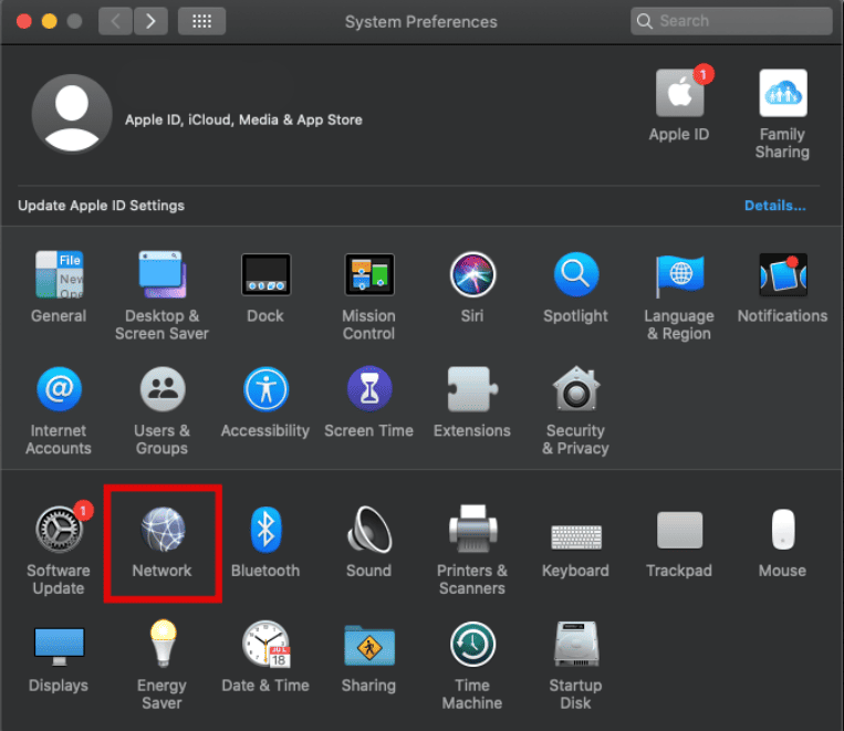 Screenshot dalle Preferenze di Sistema che mostra dove trovare Network