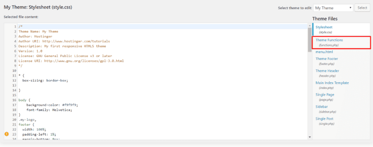 Funzioni tema nell'editor del tema di WordPress