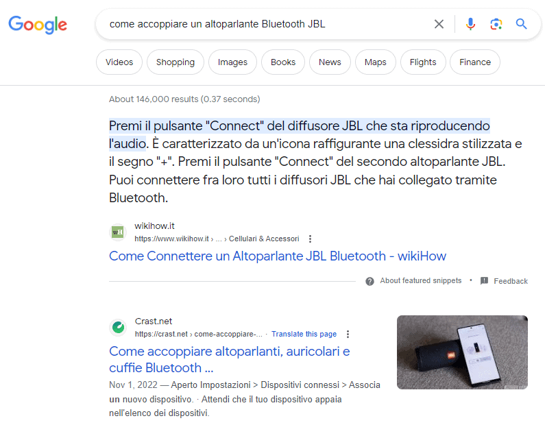Screenshot che mostra i risultati informativi della query di ricerca "come accoppiare un altoparlante JBL".