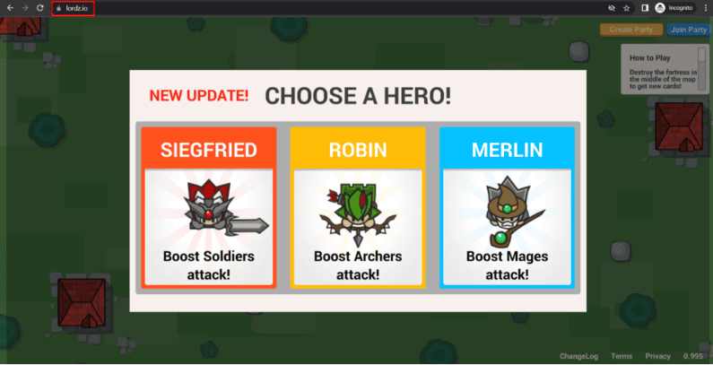 Lordz.io, un sito web di gaming che utilizza l'estensione di dominio .io