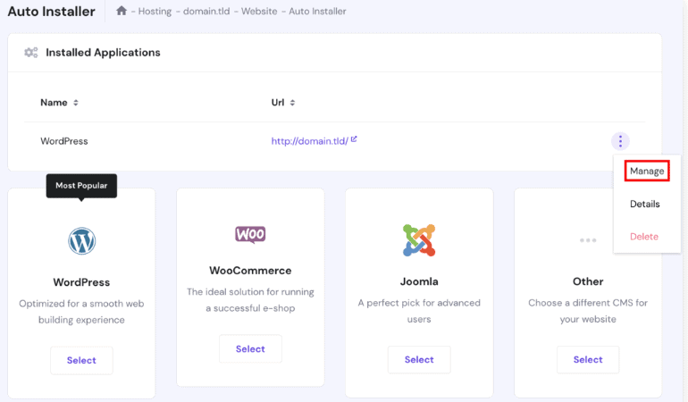 Sezione Auto Installer, evidenziando la il pulsante Manage che compare dopo aver cliccato sui tre puntini