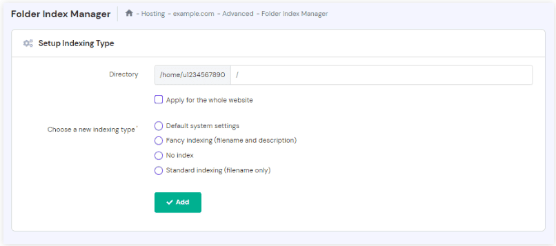 Gestore dell'indice delle cartelle in hPanel