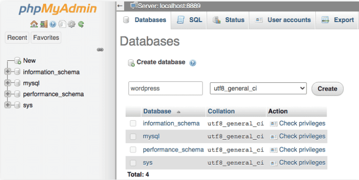 Scheda Database sul tuo phpMyAdmin