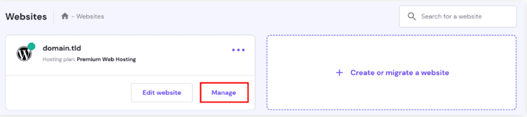 Pagina siti web su hPanel. Il pulsante Gestisci &egrave; evidenziato