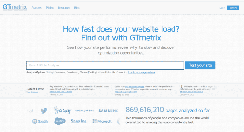 Lo strumento di test della velocità GTmetrix.
