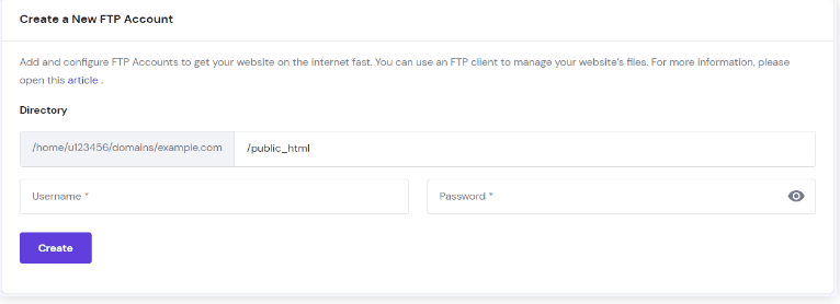 Creazione di un nuovo account FTP tramite hPanel