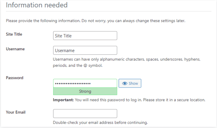 Schermata di installazione di WordPress per inserire le informazioni sul sito web, inclusi titolo del sito, nome utente e password