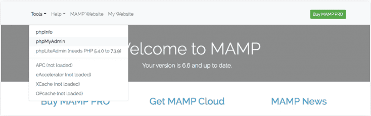 Posizione di phpMyAdmin sul tuo pannello di controllo MAMP.