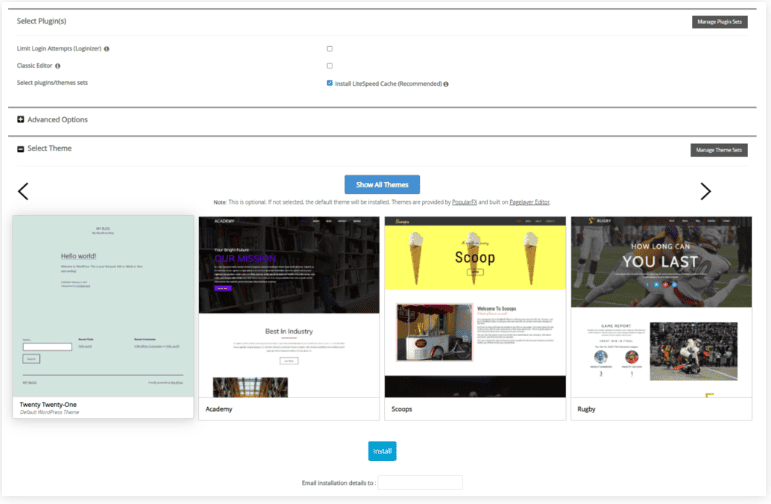Modulo di installazione di Softaculous WordPress in hPanel