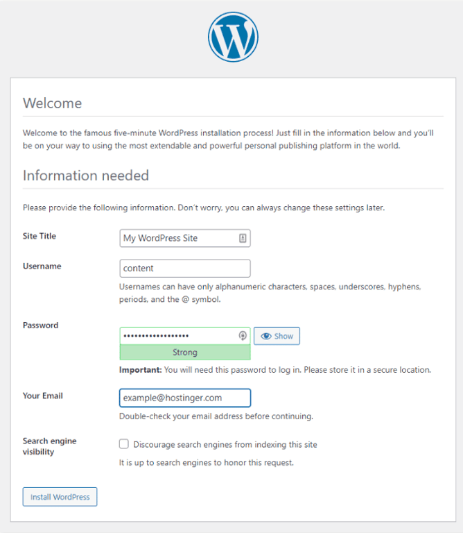 Modulo di installazione WordPress