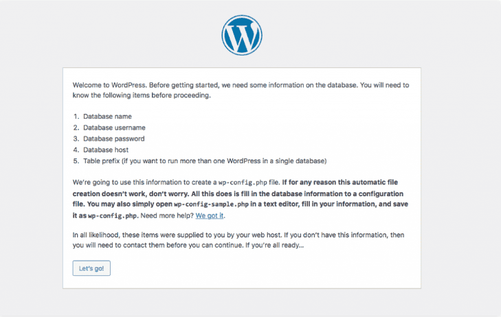 Pagina di benvenuto di WordPress