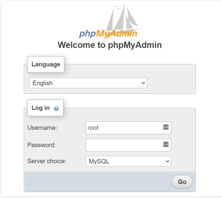 Finestra Benvenuto in phpMyAdmin.