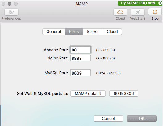 Impostazione della porta Apache MAMP su 80.