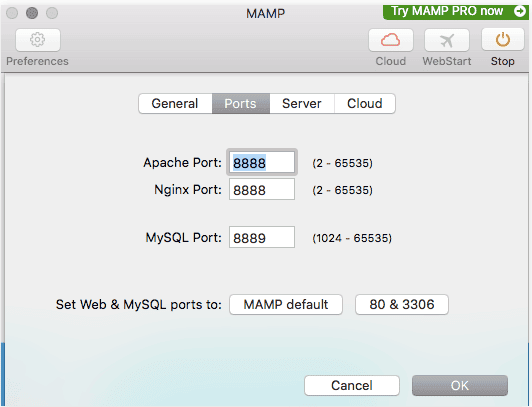 La scheda Porte sotto le Preferenze MAMP.