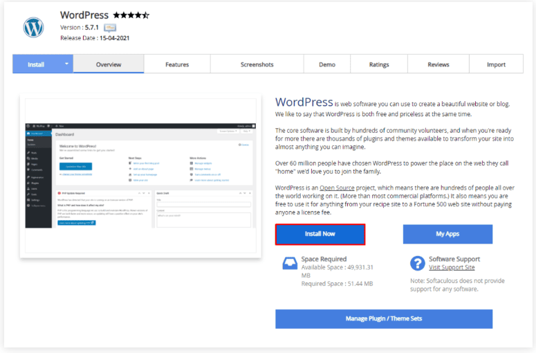 Pulsante Install Now nella sezione WordPress in cPanel