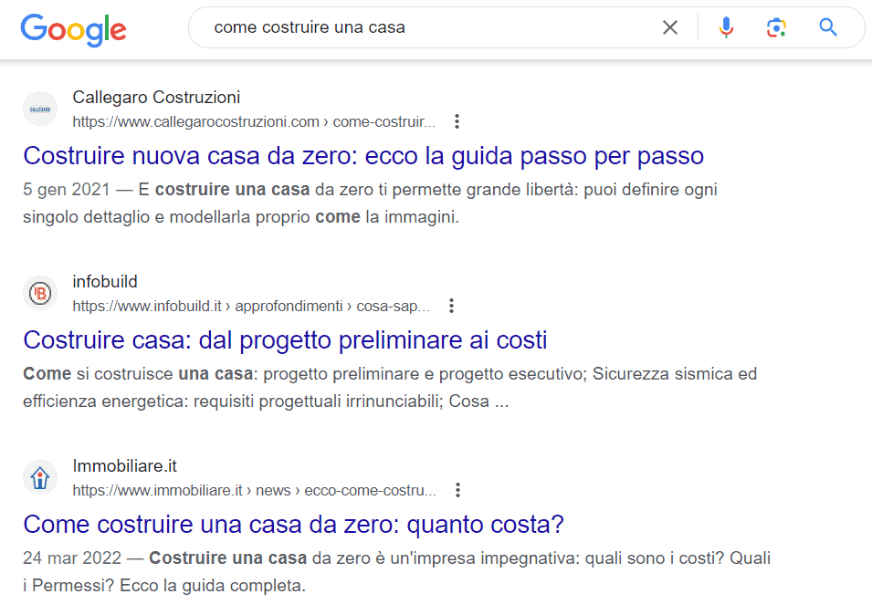 Risultato di ricerca di Google su come costruire una casa.