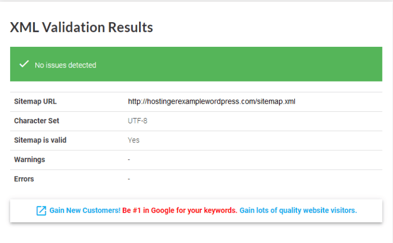 Strumento XML Sitemap Validator: non mostra problemi con i risultati.