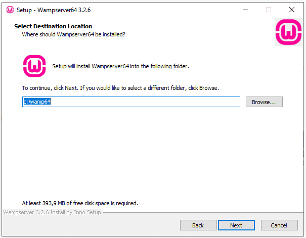 Selezione del percorso di destinazione durante l'installazione di WampServer.