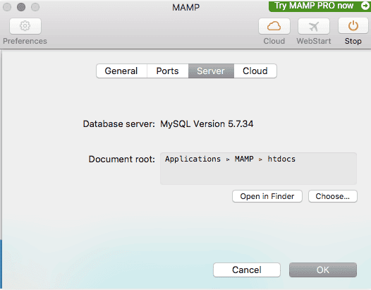 Scheda Server nelle preferenze MAMP.