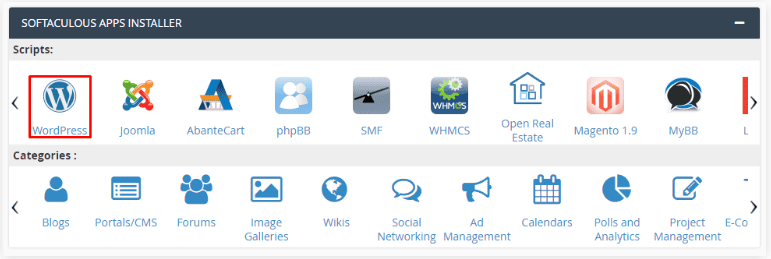 Pulsante WordPress sotto il programma di installazione delle applicazioni Softaculous in cPanel