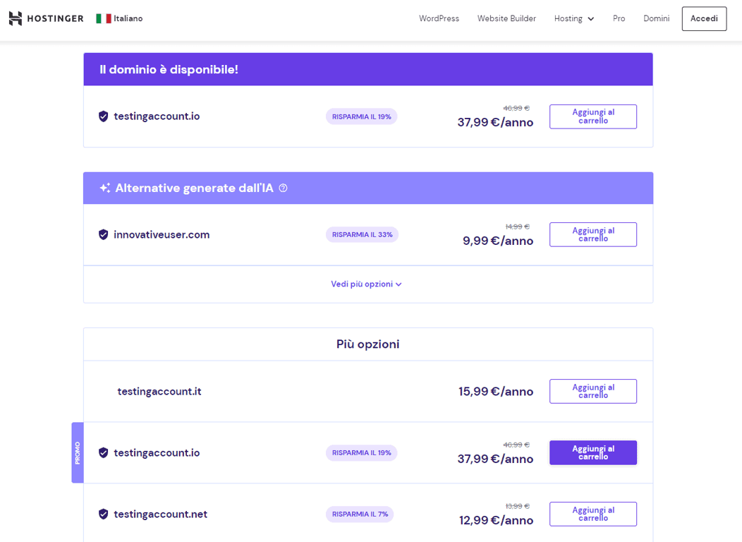 Costo del dominio .io rispetto ad altri TLD, sulla pagina di verifica del dominio di Hostinger