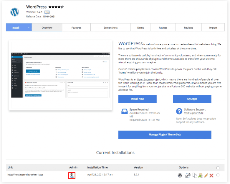 Pagina softaculous di WordPress in cPanel che evidenzia l'icona WP Admin in basso