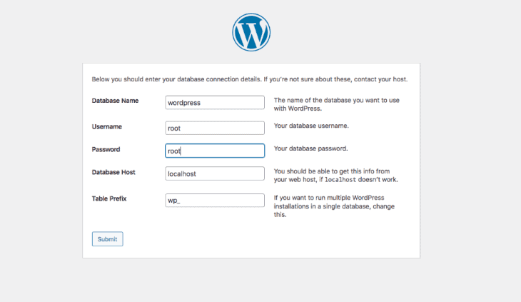 Inserimento dei dettagli della connessione al database e impostando localhost come host del database.