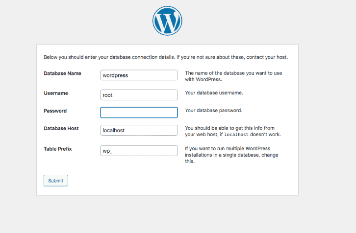 Inserimento dei dati di connessione al database e mantenendo vuoto lo spazio della password.