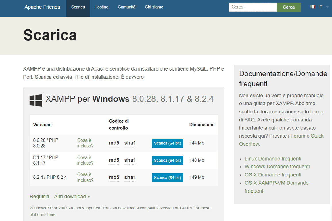 Le diverse versioni di XAMPP disponibili per il download.