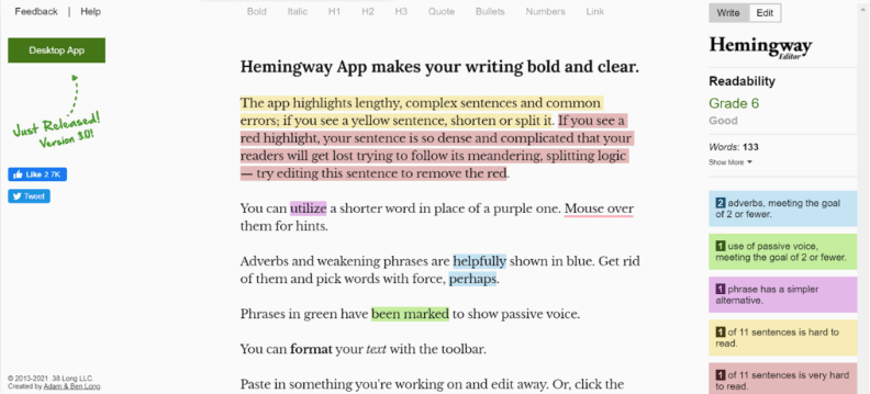 Editor dell'app Hemingway.