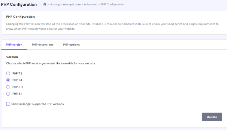 hPanel impostazioni di configurazione php per versione php
