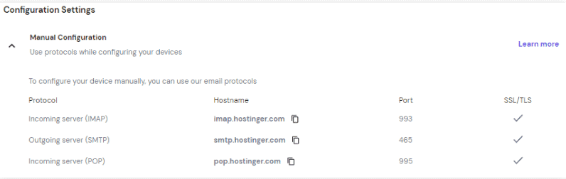 Sezione Impostazioni di configurazione su hPanel