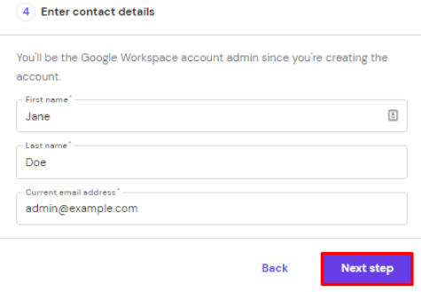 Pagina Inserisci i dettagli di contatto con l'opzione Passo successivo evidenziata