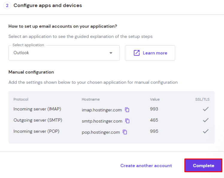 Sezione Configura app e dispositivi su hPanel, evidenziando il pulsante Completa
