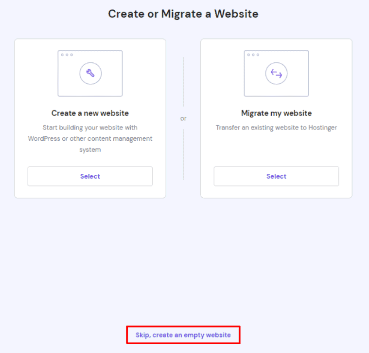 La pagina Crea o migra un sito web su hPanel con l'opzione Salta, crea un sito web vuoto evidenziata