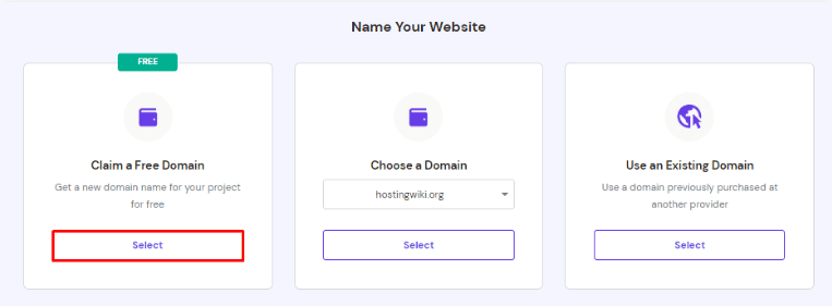 La pagina Assegna un nome al tuo sito web su hPanel, evidenziando l'opzione Seleziona