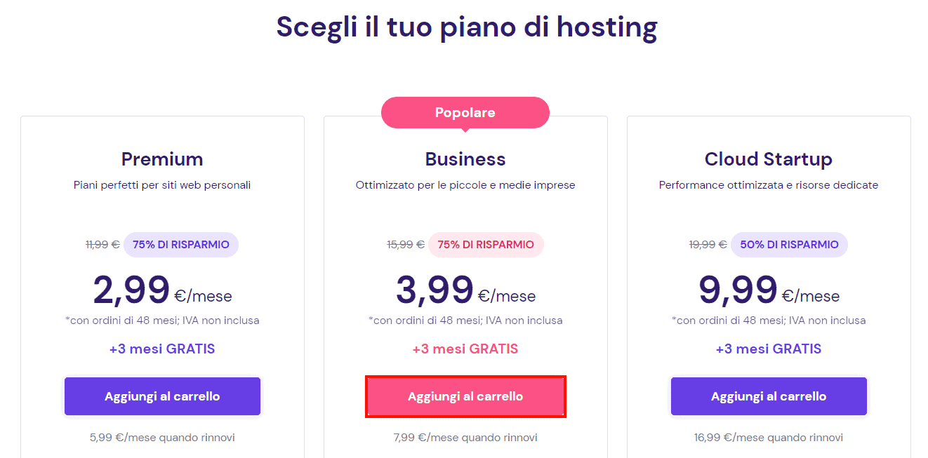 Sezione scegli il tuo piano di hosting web di Hostinger con il pulsante Aggiungi al carrello evidenziato