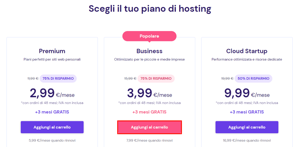 Sezione scegli il tuo piano di hosting web di Hostinger con il pulsante Aggiungi al carrello evidenziato