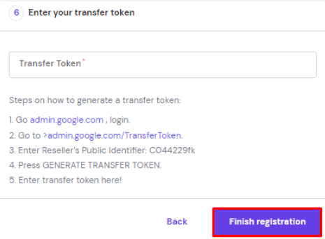 Pagina Inserisci il token di trasferimento, evidenziando il pulsante Termina registrazione