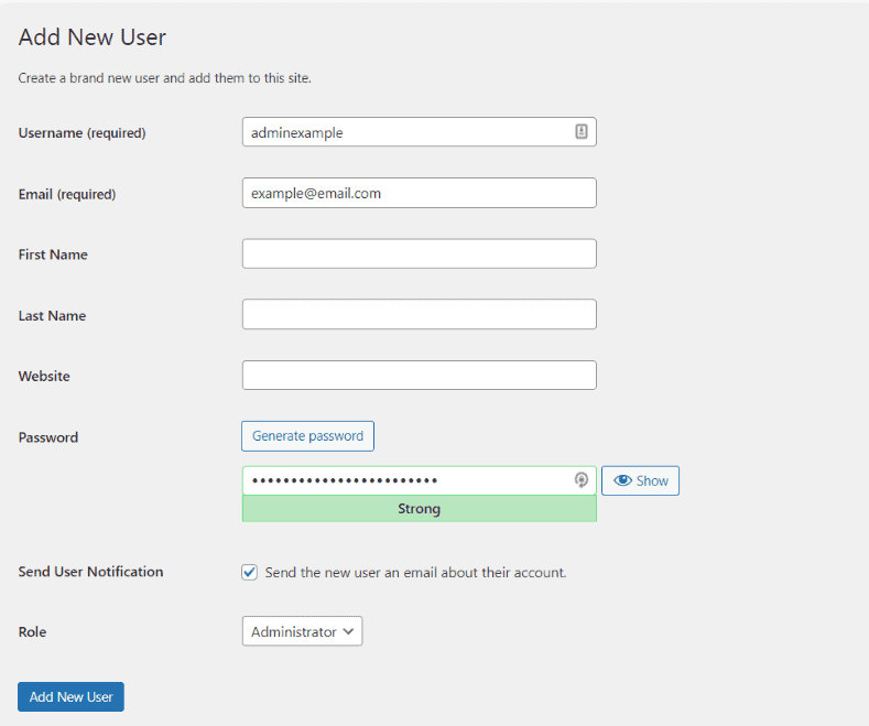 Screenshot del prompt di aggiunta di un nuovo utente di WordPress