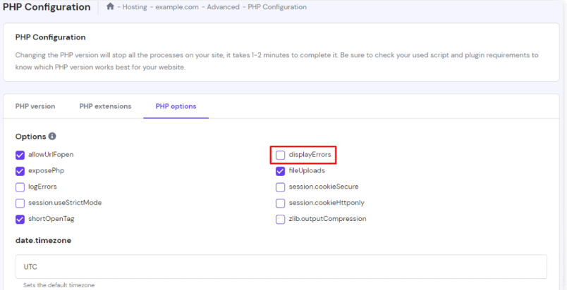 L'opzione displayErrors nel menu delle opzioni PHP di hPanel