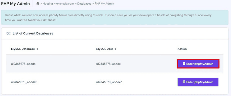 La sezione Database phpMyAdmin in hPanel con il pulsante Inserisci phpMyAdmin evidenziato