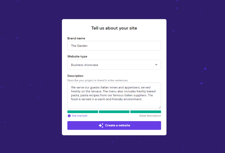 La seconda fase del flusso di onboarding AI del Website Builder di Hostinger, che chiede agli utenti di descrivere il proprio brand e sito web