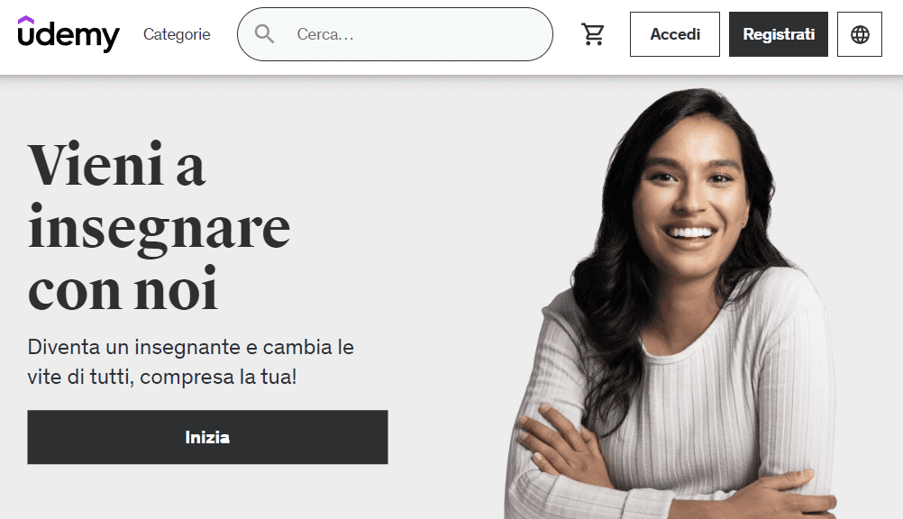 La sezione Diventa un insegnante sulla homepage del sito web di Udemy