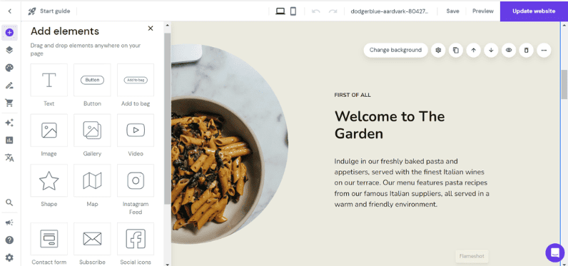 Interfaccia dell'editor drag-and-drop del Website Builder di Hostinger, che mostra dove aggiungere nuovi elementi