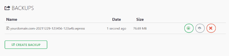 Screenshot dell'elenco dei backup di WordPress