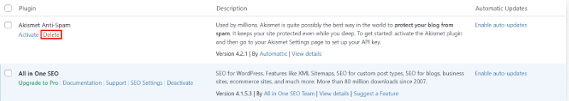 Screenshot che mostra il pulsante Elimina plugin