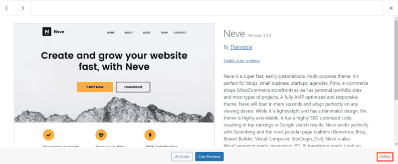 Screenshot che mostra il pulsante Elimina tema di WordPress